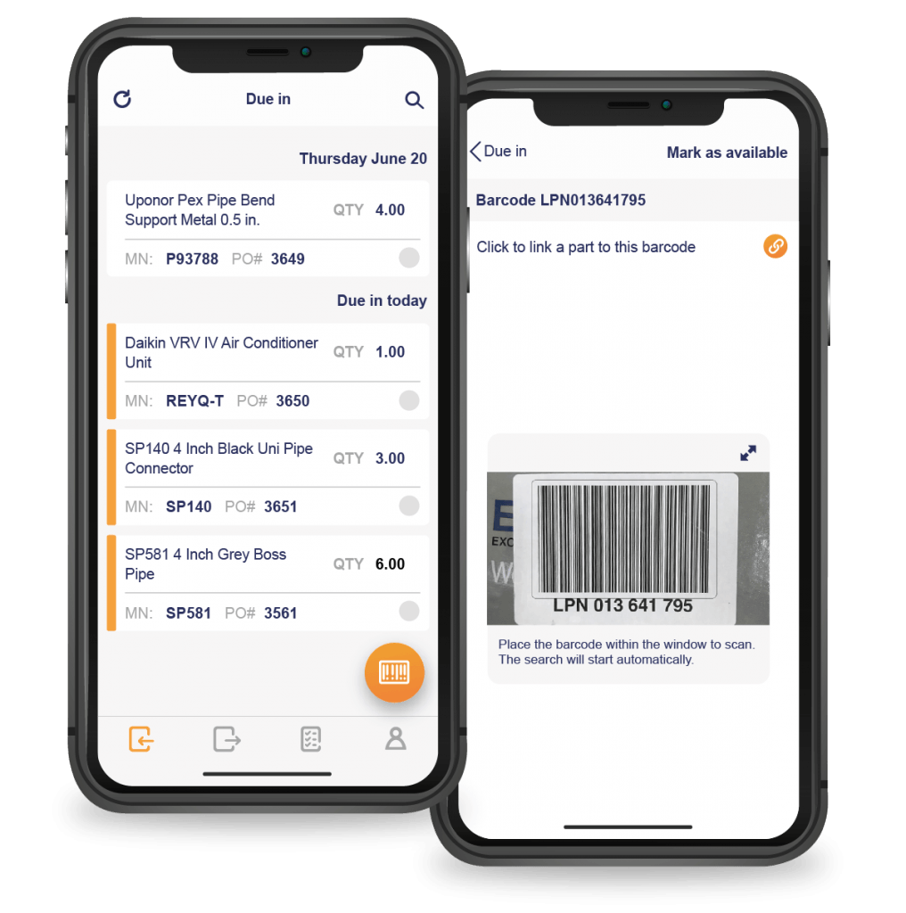 inventory management stockroom app with parts list and barcode scanner
